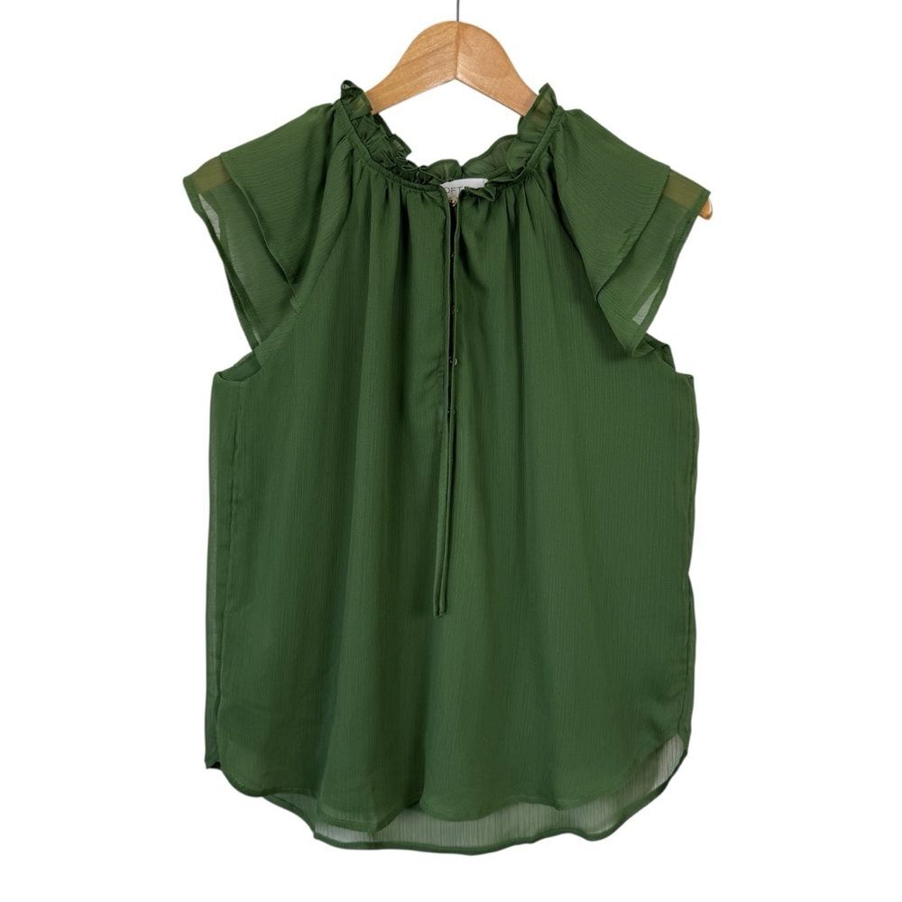 Loft Olive Green Ruffle Neck Tie Cap Sleeve Flowy Blouse Women's Size Small